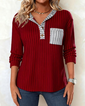 Winter Longsleeve Rot Grau V-Neck Ripp Shirt Damen Warm