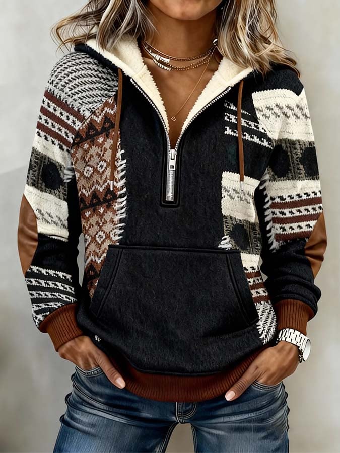 Winter Damen Hoodie Boho Kuschelpulli mit Teddykapuze