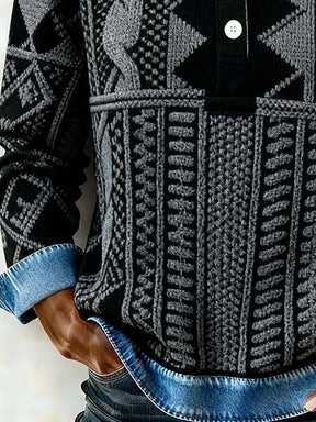 Damen Winter Pullover Ethno Patchwork mit Jeanskragen Warm