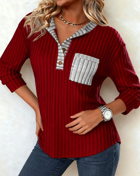 Winter Longsleeve Rot Grau V-Neck Ripp Shirt Damen Warm