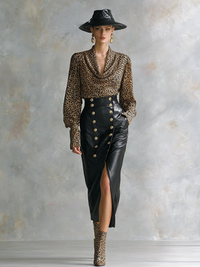 Edgy Leopard Longsleeve mit Cowl Neck – Winter Glam Top