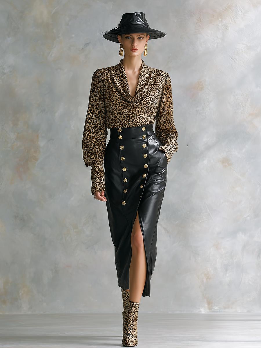 Edgy Leopard Longsleeve mit Cowl Neck – Winter Glam Top