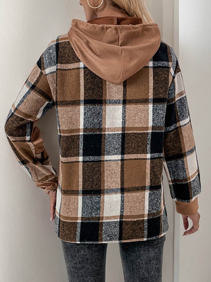 Kuscheliger Winter Hoodie karamell mit Karo-Saum Damen
