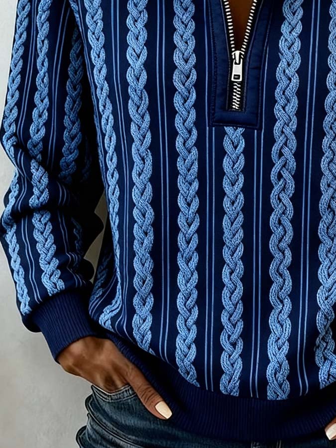 Damen Winter Fleece Pullover Dunkelblau mit Zopfmuster