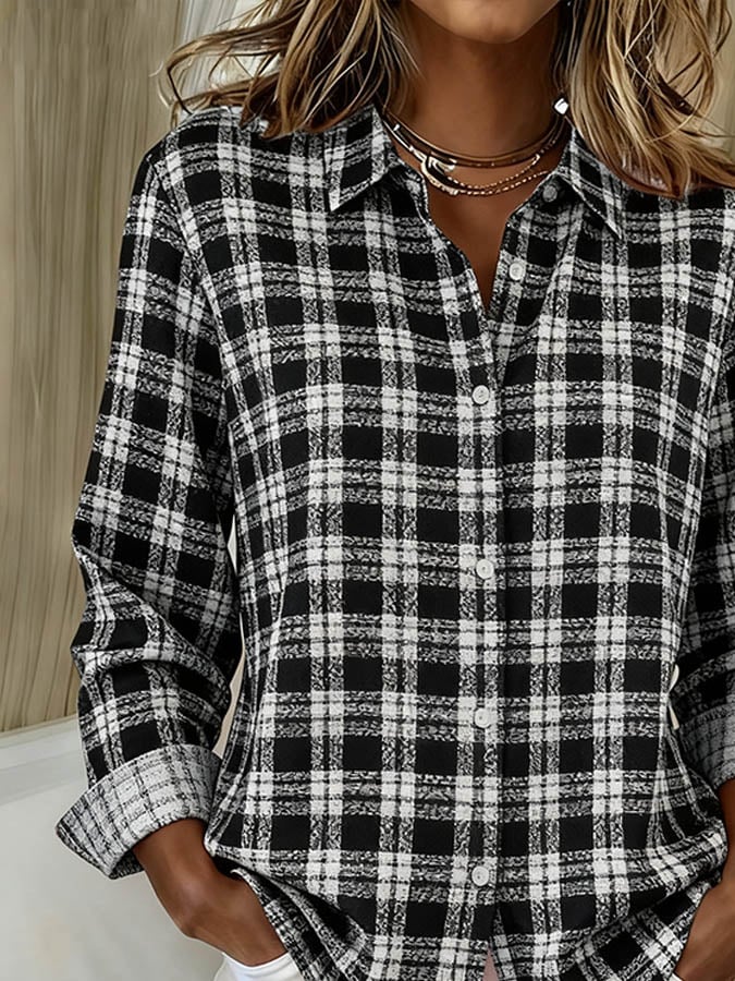 Winter Damen Karoshirt Loose Fit Schwarz Weiß Casual