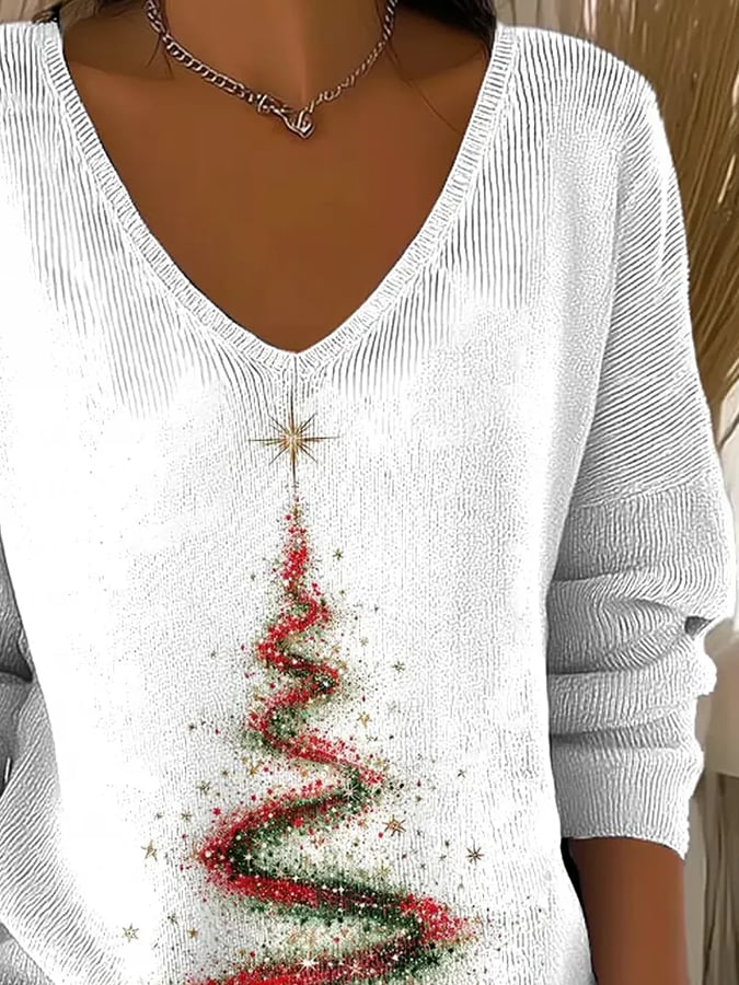 Weißes Weihnachts Damen Longsleeve mit Tannenbaum Print