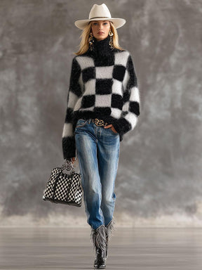 Herbst-Hit: Oversized Schachbrett-Pullover in Schwarz-Weiß - Warm, Chic & Bequem