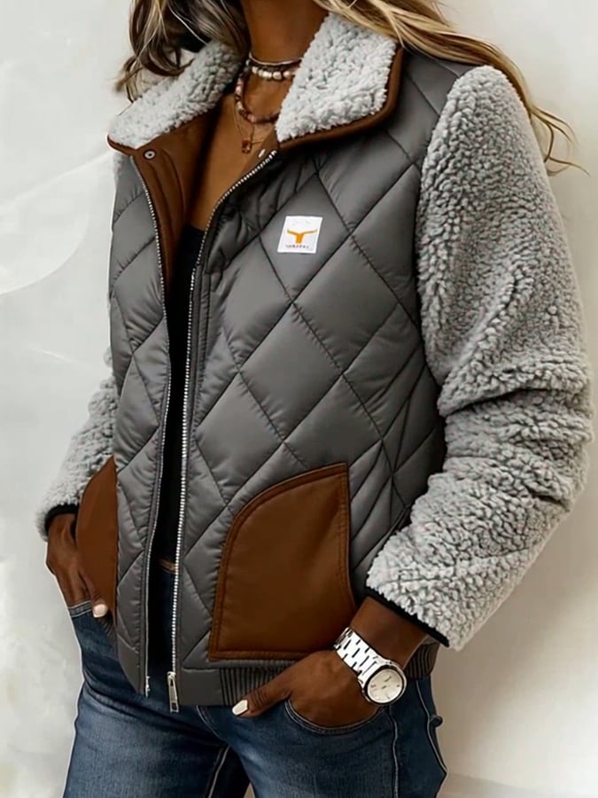 Kuschelige Patchwork Winterjacke mit Teddyfell, grau/cognac