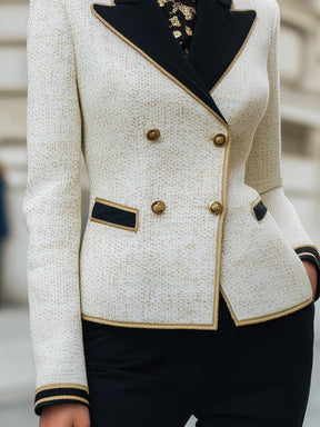 Winter Chic: Cremefarbener Color-Block-Tweed Doppelreihiger Blazer