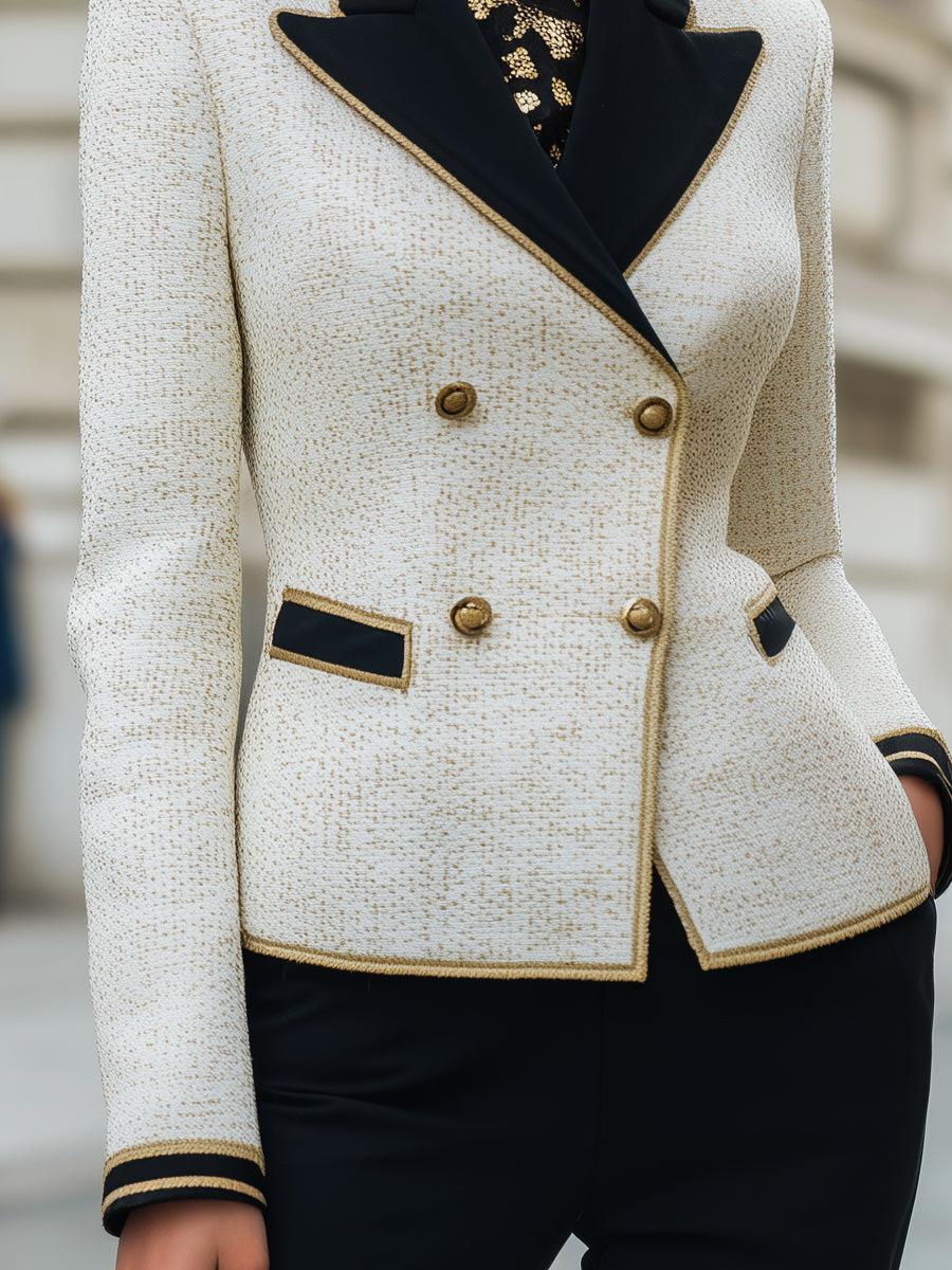 Winter Chic: Cremefarbener Color-Block-Tweed Doppelreihiger Blazer