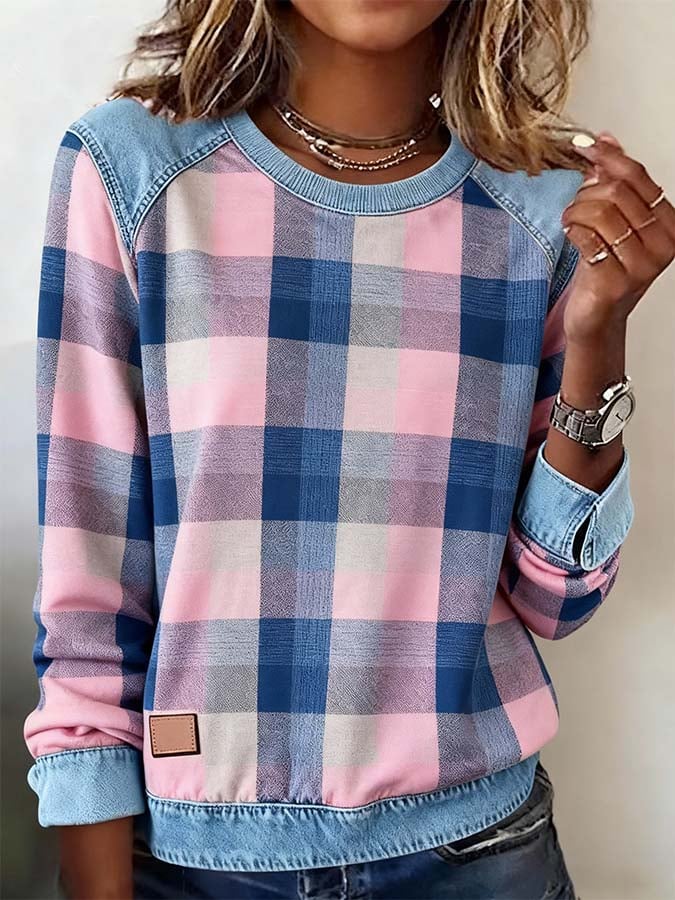 Kariertes Damen Winter Sweatshirt rosa-blau cozy chic