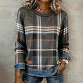 Herbst-Schick: Grau Kariertes Langarmshirt mit Rundhals - Komfort trifft Stil