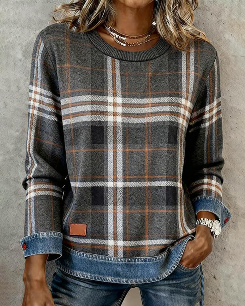 Herbst-Schick: Grau Kariertes Langarmshirt mit Rundhals - Komfort trifft Stil