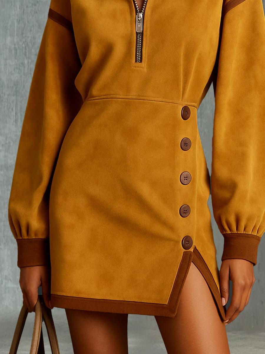 Bold Mustard Suede Mini Dress With Half-Zip Front And Asymmetrical Button Detail