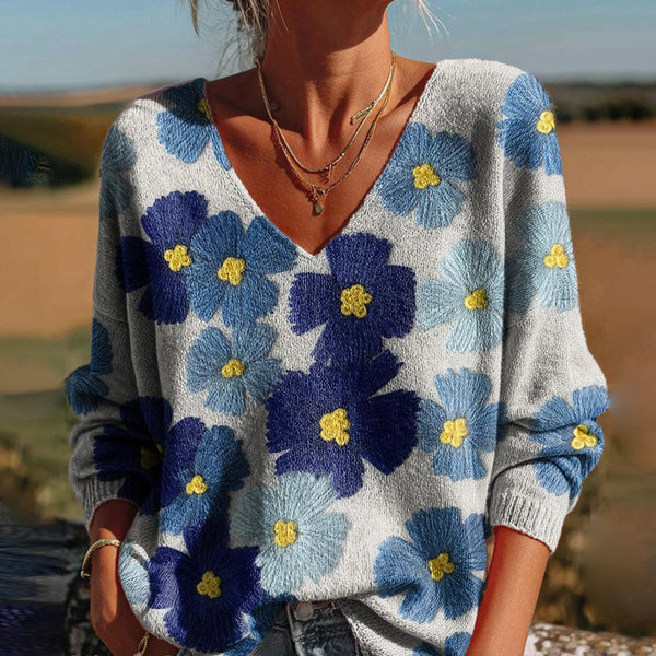 Floral Print Langarm-Pullover - Herbstszauber & Komfort in Baumwolle-Acryl-Mix