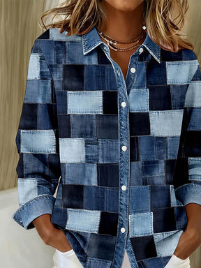 Winter Damen Jeans Patchwork Hemd Loose Fit Faux Leinen