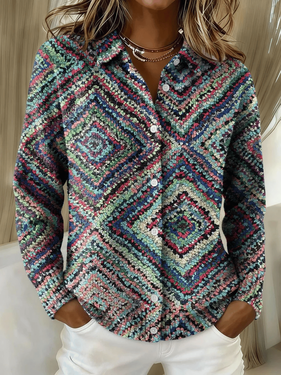Winter Cardigan Damen bunt warm mit Diamant Kontrastprint