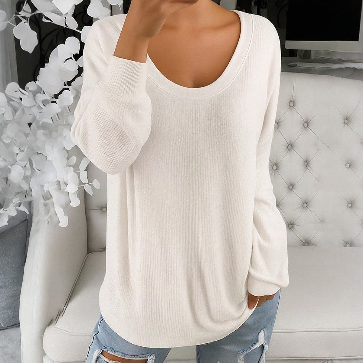 Comfy Scoop Neck Long Sleeve Top - Perfekter Herbstsbegleiter mit Top-Komfort