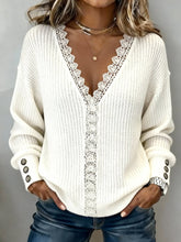 Winter Strickpullover Off-White mit Spitze V-Ausschnitt Damen