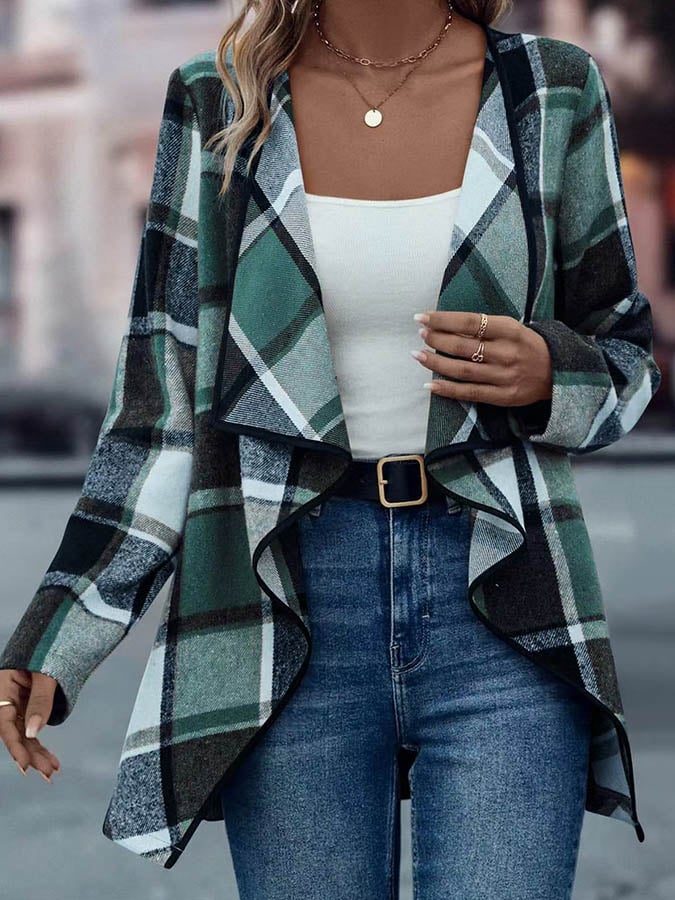 Winter Damen Cardigan Karo braun schwarz warm Wasserfall