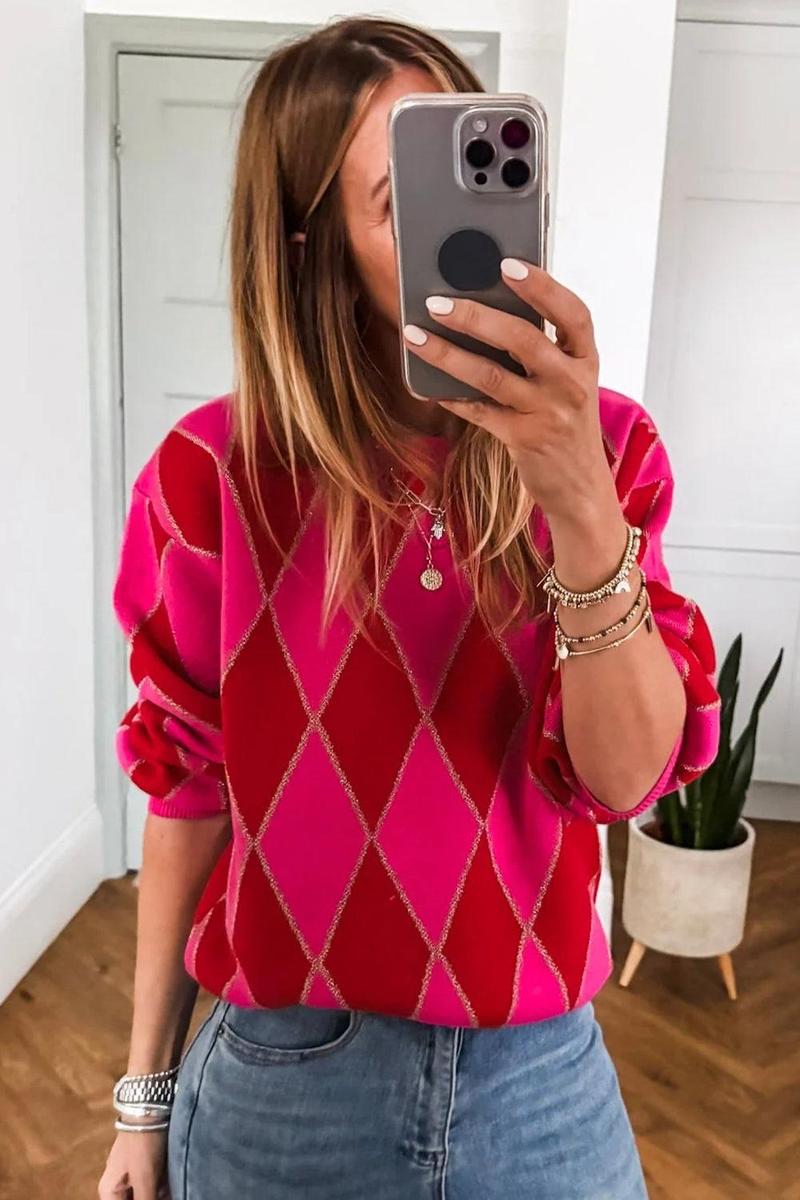 Winter-Luxus: Sweet Pink Argyle Geometric Crewneck Sweater für stilvolle Wärme