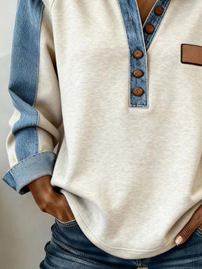 Winter Damen Sweatshirt creme mit Denimärmeln casual chic