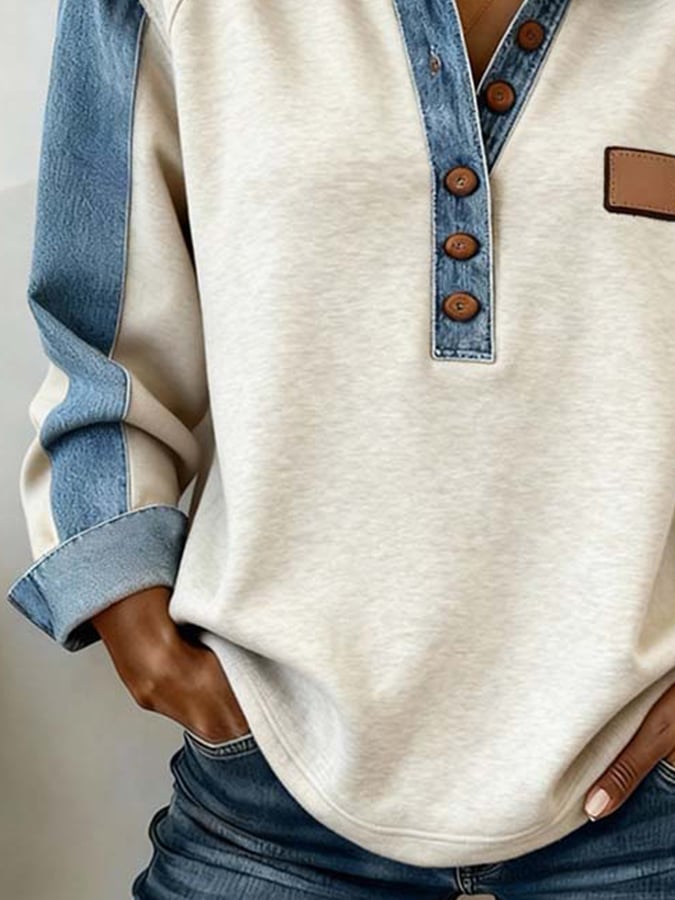 Winter Damen Sweatshirt creme mit Denimärmeln casual chic