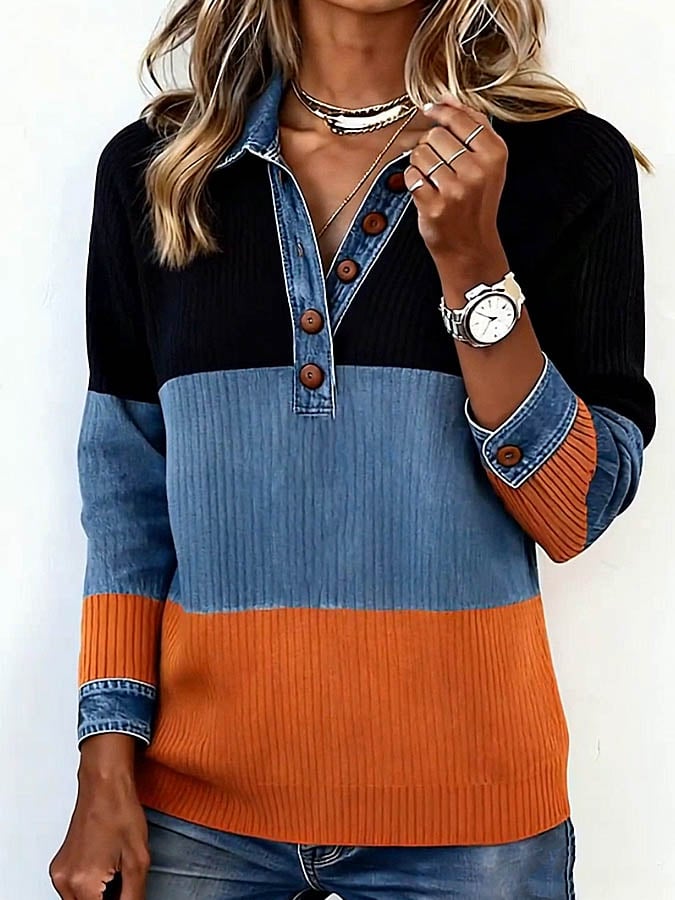 Kuscheliges Winter Strick-Top mit Denim-Look und Blockfarben