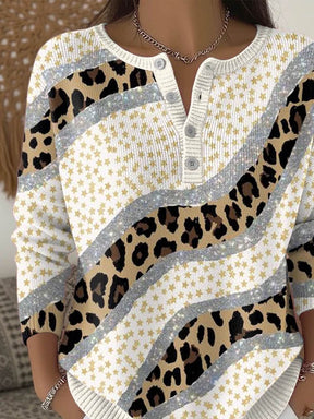 Winter Strickshirt Damen mit Sternen & Leo-Print, warm & chic