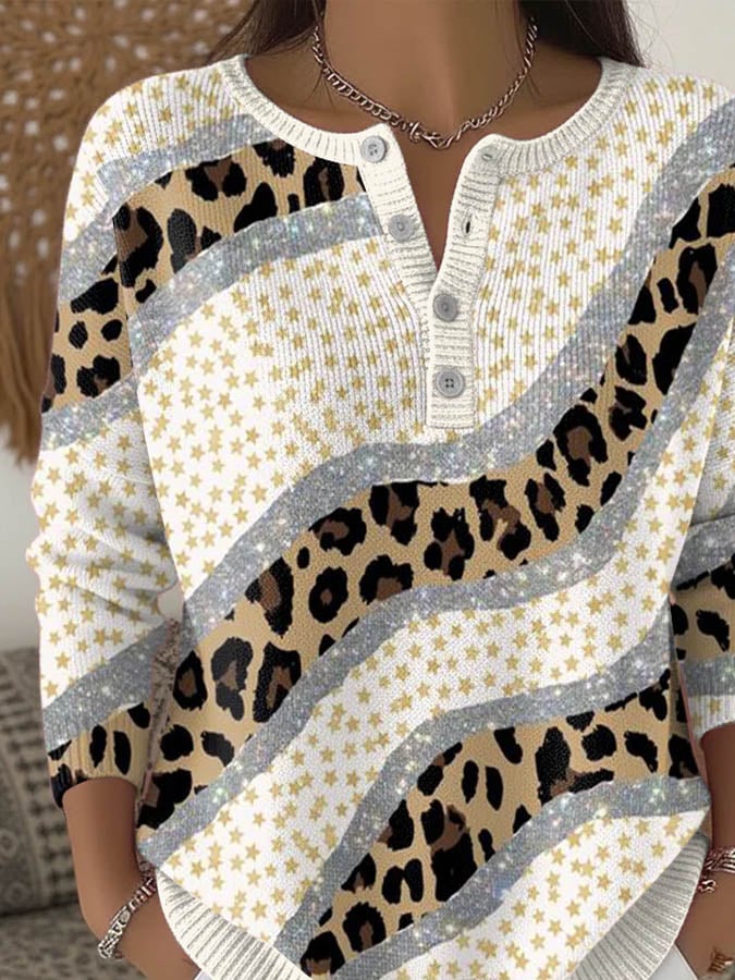 Winter Strickshirt Damen mit Sternen & Leo-Print, warm & chic