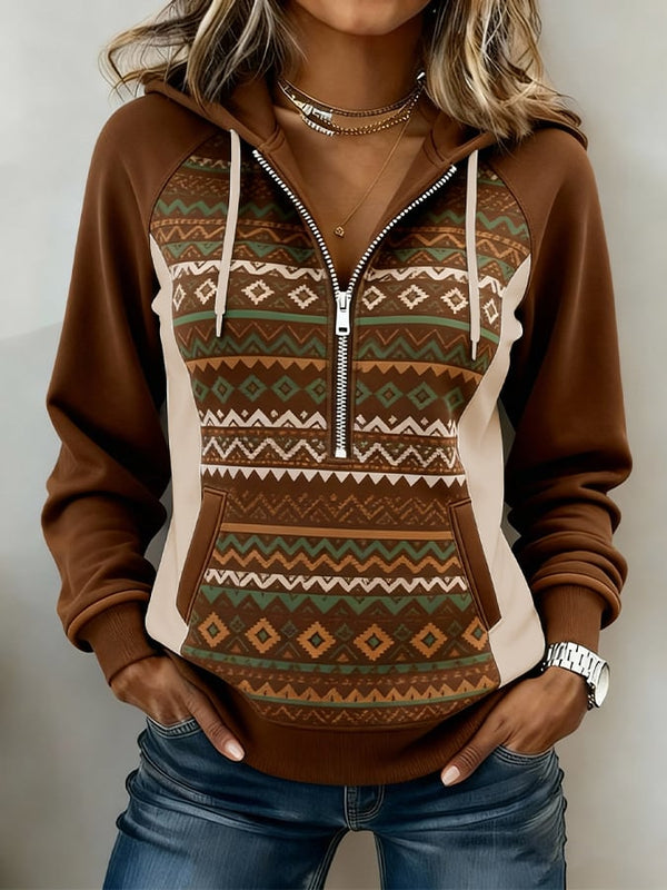 Boho Winter Hoodie Damen Braun Grün Ethno Sweatshirt Warm