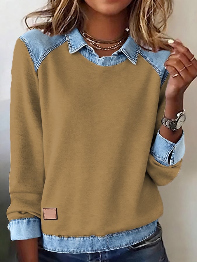 Winter Damen Sweatshirt mit Denim Kragen – Cozy & Stylish