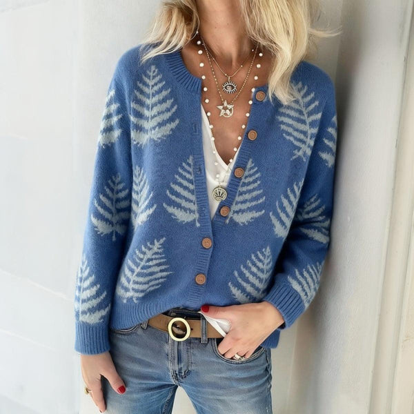 Herbstliche Blaue Strickjacke mit Farn-Print & Holzknöpfen - Warm & Stilvoll