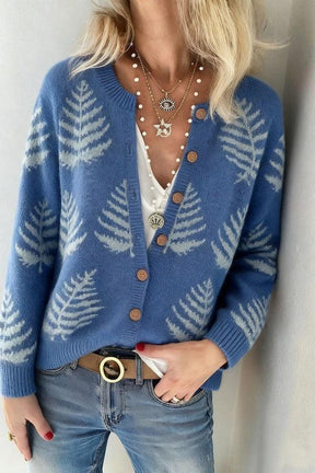 Herbstliche Blaue Strickjacke mit Farn-Print & Holzknöpfen - Warm & Stilvoll