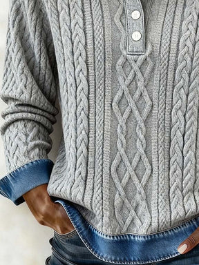 Damen Winter Pullover grau mit Denim Patchwork, warm casual