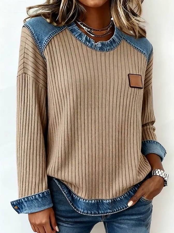 Winter Damen Waffel Longsleeve mit Denim Look, warm casual