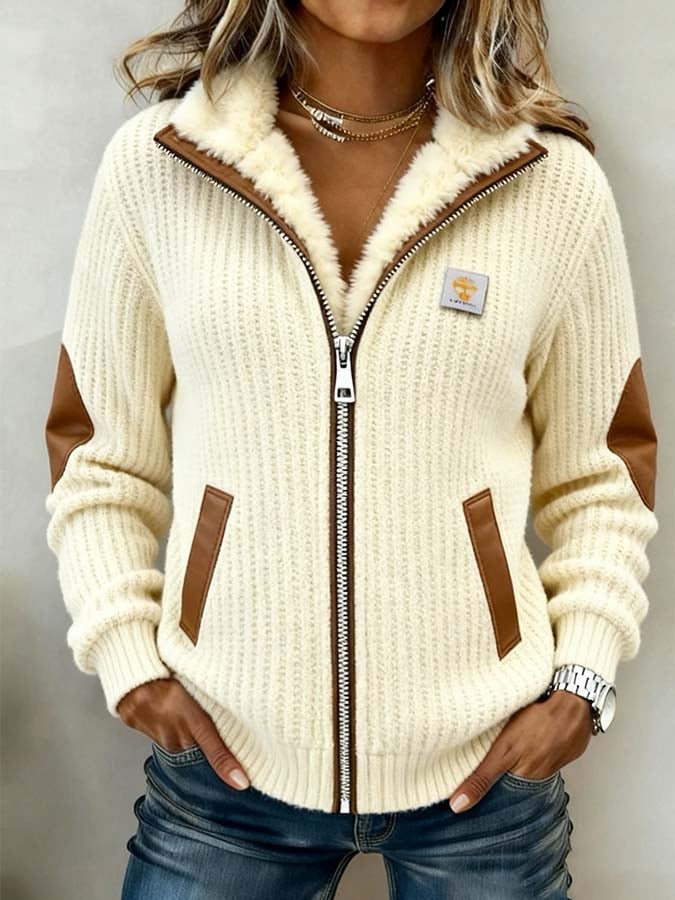 Stilvoll & Warm: Comfy Faux Shearling Collar Strick-Cardigan für den Winter