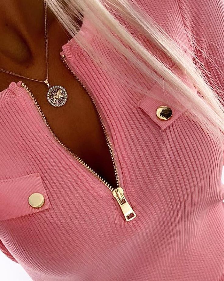 Winter Stricktop Sweet Pink Zip V-Neck Damen Pullover