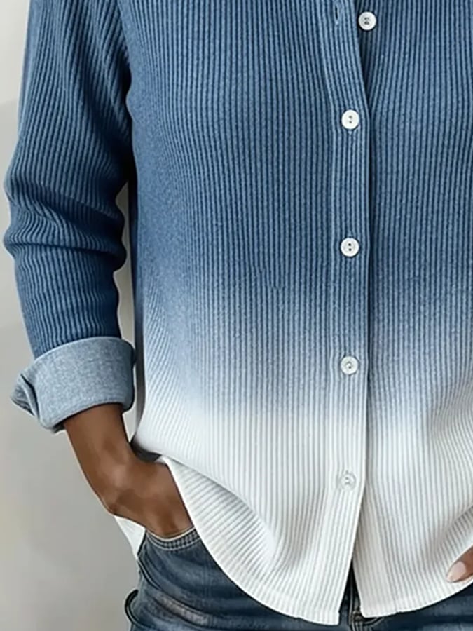 Winter Ombré Bluse Damen Blau-Weiß, Warm & Lässig S–5XL