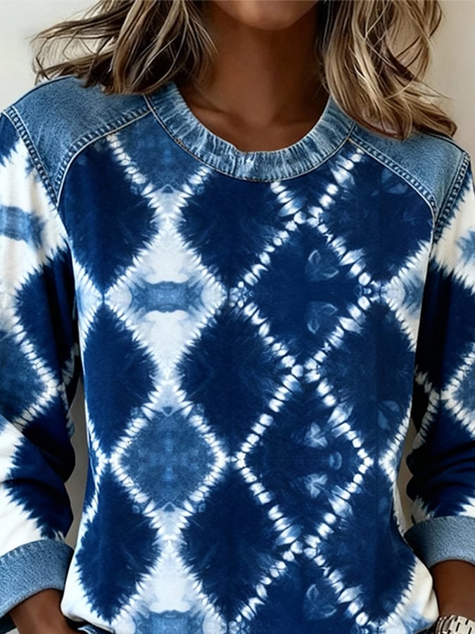 Winter Pullover Damen blau Tie Dye Patchwork warm cozy