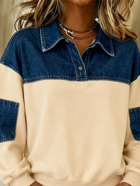 Kuscheliger Winter Damen Pullover mit Denim Patchwork Kragen