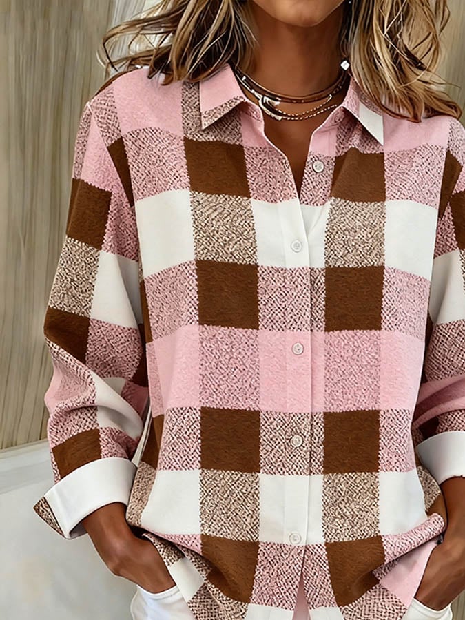 Kariertes Winter Damen Hemd rosa braun locker und warm