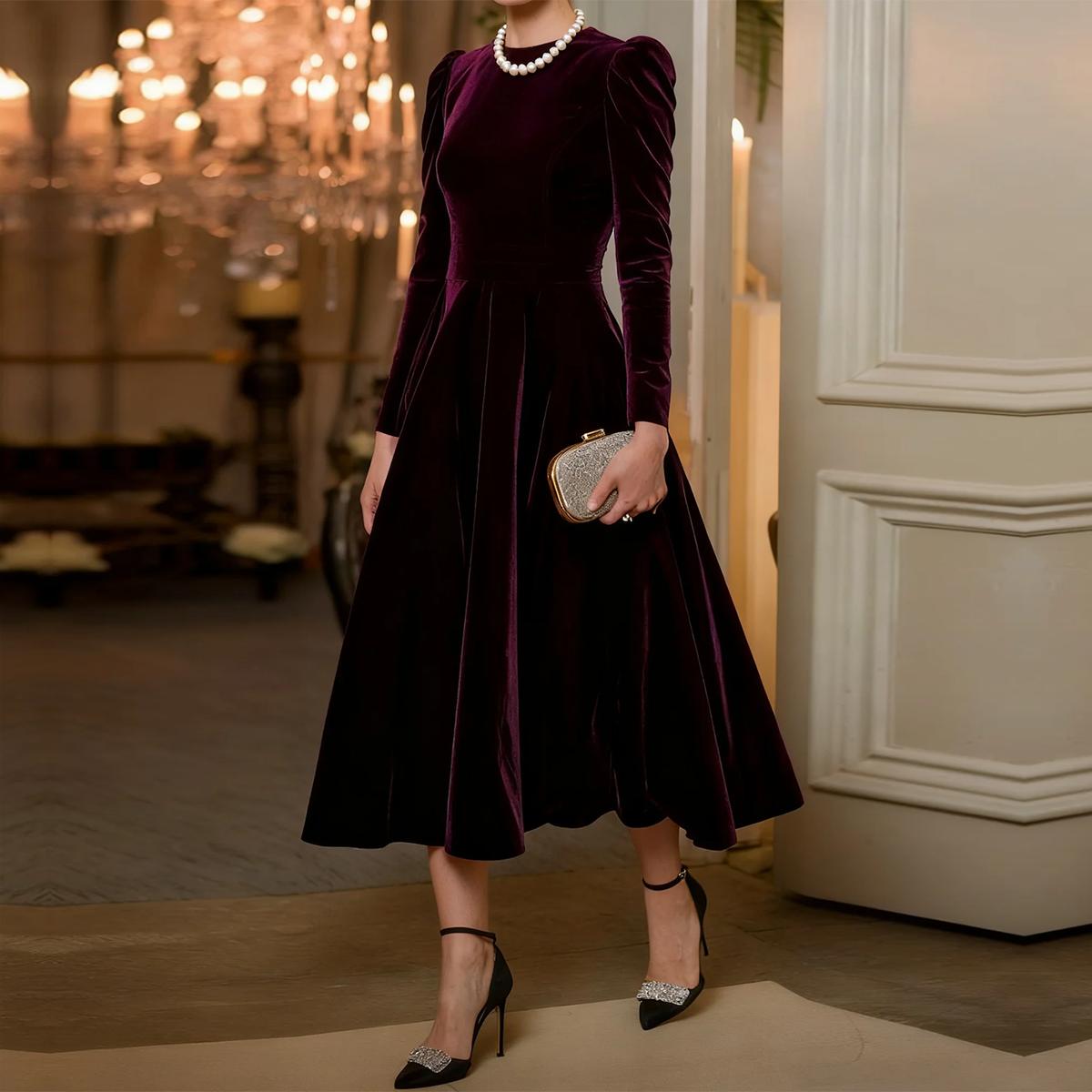 Elegant Velvet Plain Midi Dress With Puffed Sleeves