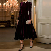 Elegant Velvet Plain Midi Dress With Puffed Sleeves