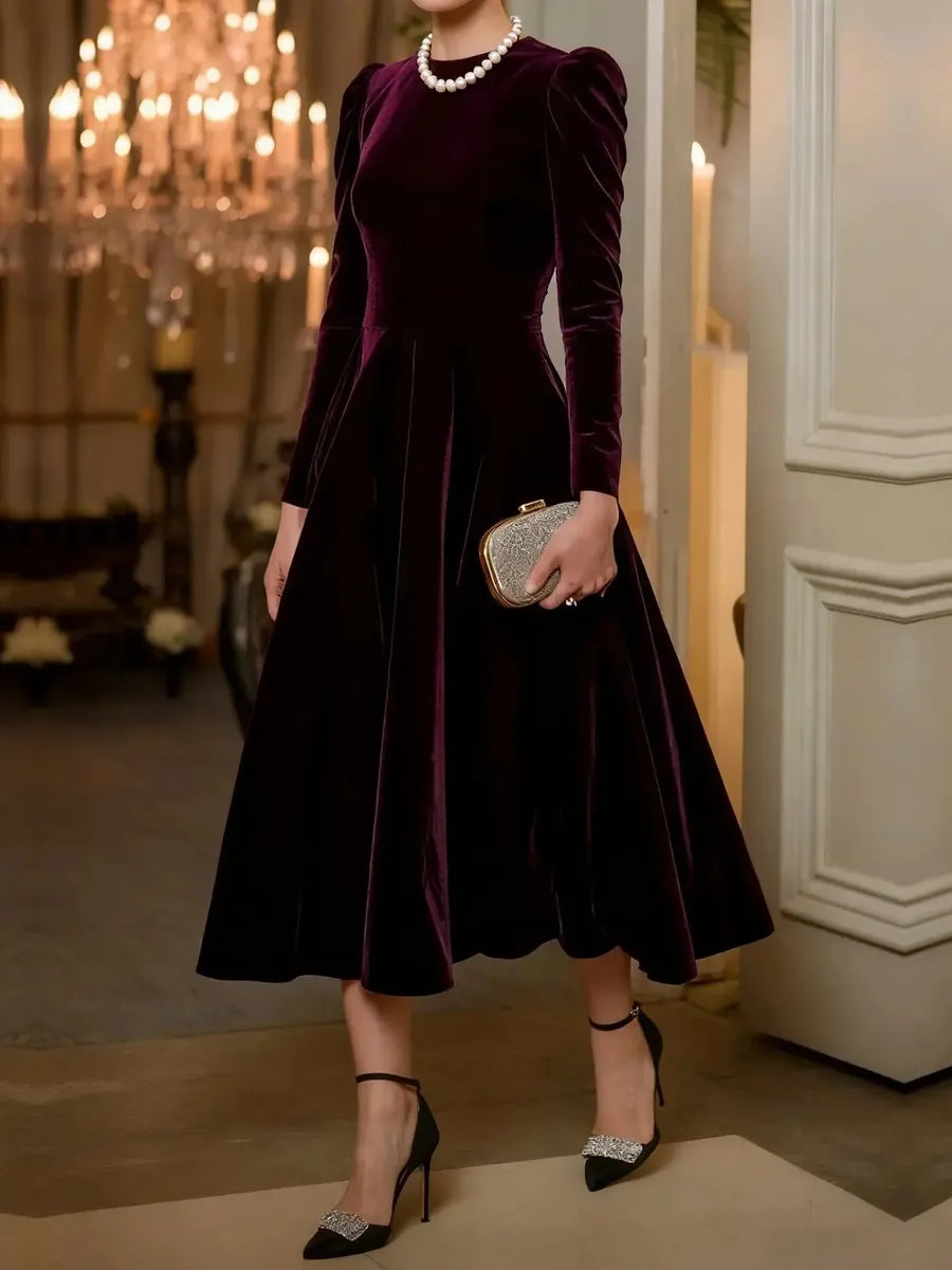 Elegant Velvet Plain Midi Dress With Puffed Sleeves