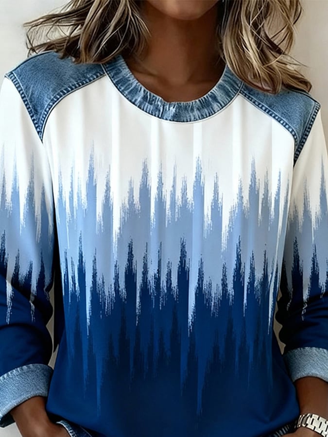 Winter Damen Pullover Denim Patchwork Blau Weiß Oversize