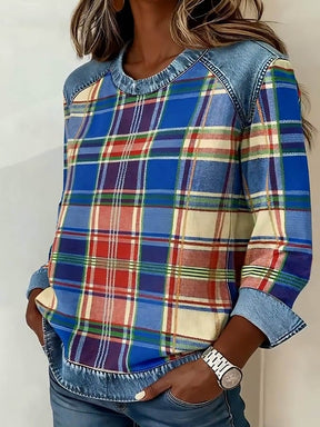 Kariertes Denim Patchwork Sweatshirt warm für Wintertage
