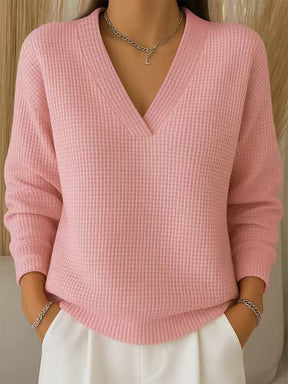 Winter Damen V-Neck Waffelstrick Pullover hellblau kuschelig warm