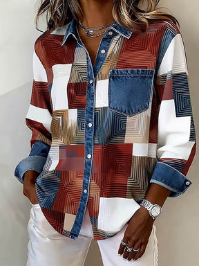 Winter Damen Patchwork Hemd warmes Casual Denim-Shirt