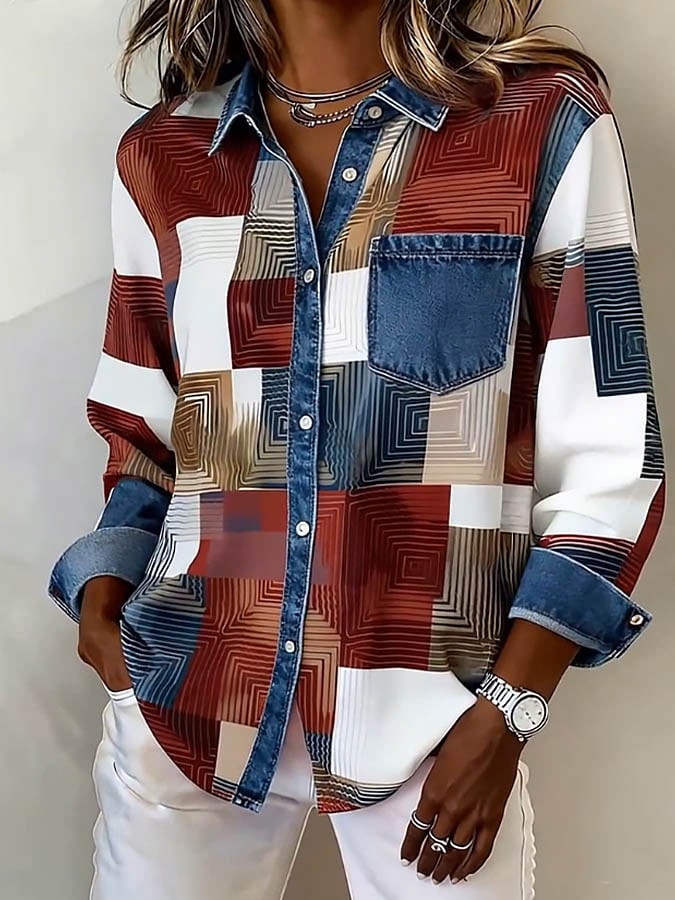 Winter Damen Patchwork Hemd warmes Casual Denim-Shirt